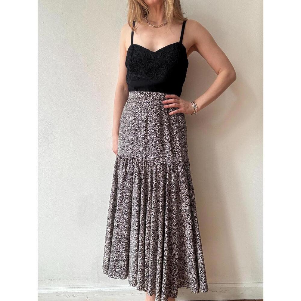 Vintage Black & Ivory Rose Print Silk Skirt